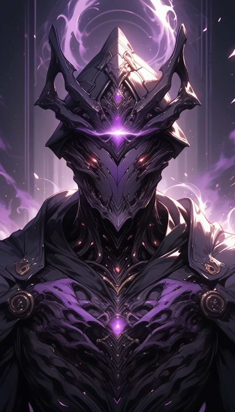 warframe,robot,machina,robot joint,faceless,purple visior,hood,grim reaper,black clothes,(full armor),faceless,dark fantasy,aura,shoulder pads,highres,purple lighting,1 male.upper body,realistic,deep of filed