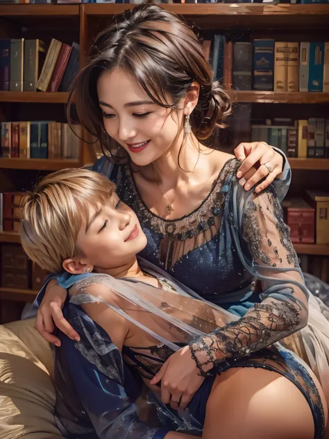 (((mom ans young boy son hug)))), young boy, 1girl, female is smiling, mother sexy transparent dress panties and son, (mother is...