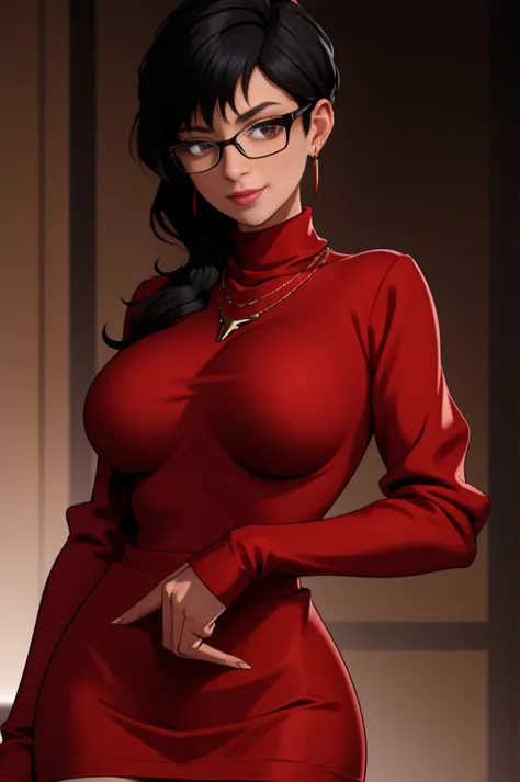 masterpiece, best quality, black hair, glasses, necklace, earrings, red sweater, turtleneck, labcoat, black miniskirt, large bre...