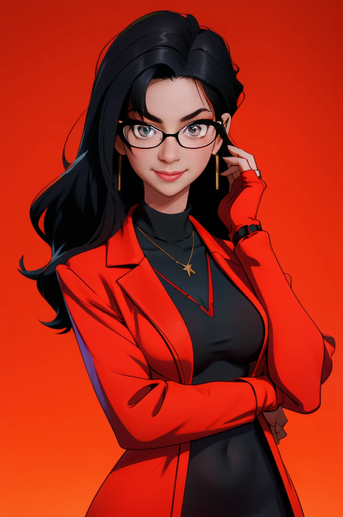 masterpiece, best quality, black hair, glasses, necklace, earrings, red sweater, turtleneck, labcoat, black miniskirt, large breasts, upper body, looking at viewer, doctor's office, smile, mischievous,