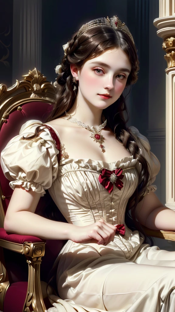 a close up of a woman in a white dress sitting on a red chair, in victorian aristocrat, exquisite aristocratic, fantasy victorian art, rococo queen, elegant victorian vampire, gorgeous woman, a beautiful victorian woman, aristocratic appearance, portrait of a princess, aristocratic clothing, as an elegant noblewoman, dignified aristocrat, portrait painting of a princess