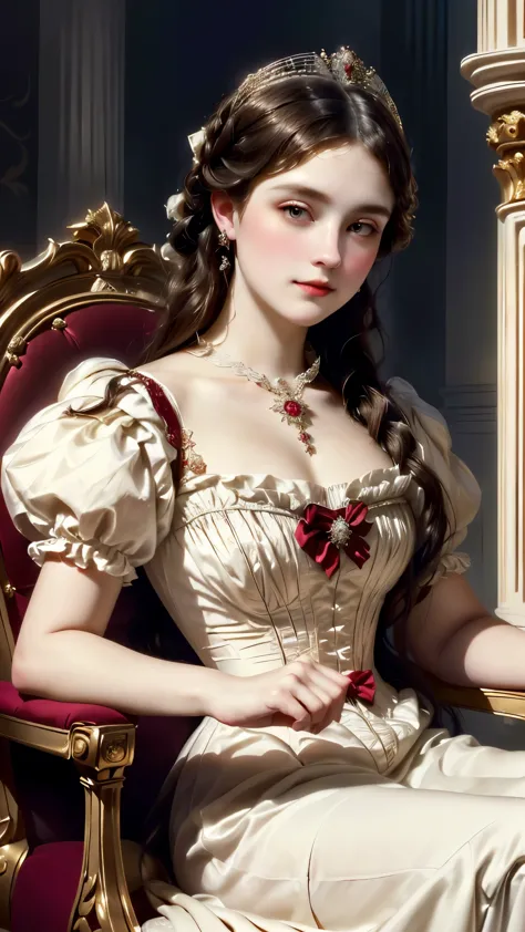 a close up of a woman in a white dress sitting on a red chair, in victorian aristocrat, exquisite aristocratic, fantasy victoria...