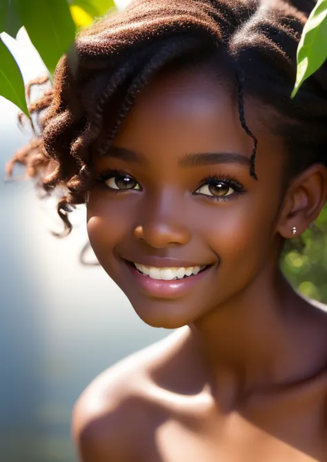 (portrait, editorial photograph) (beautiful black girl), adorable face, long brown curly hair, hazel eyes, by lee jeffries, niko...