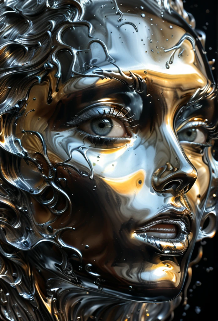 (best quality,4k,8k,highres,masterpiece:1.2),ultra-detailed,(realistic,photorealistic,photo-realistic:1.37),liquid metal face,beautiful detailed eyes,beautiful detailed lips,extremely detailed face,molten liquid metal,chrome,liquid metal sculpture,metallic,shiny,reflective,glowing,surreal,dramatic lighting,cinematic,digital art