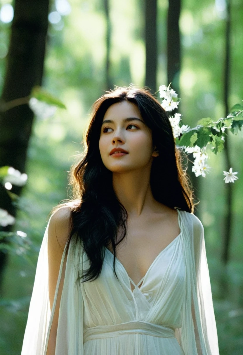 Imagine a beautiful white witch standing in a peaceful forest clearing, surrounded by nature. She has long black hair that flows gently down her back, bangs hair, shimmering softly in the sunlight. Her eyes are a bright emerald brown, filled with kindness and wisdom. She wears a simple, flowing white dress that moves gracefully with the breeze, adorned with small, silver patterns of leaves and flowers.

She carries a delicate wooden staff topped with a glowing crystal that emits a soft, white light. Around her, the forest is alive with vibrant flowers, butterflies, and small animals that seem drawn to her gentle presence. A light, translucent cloak drapes over her shoulders, fastened with a silver crescent moon brooch.

Her expression is warm and serene, her smile gentle as she looks around, embodying the essence of a good witch who brings peace and healing wherever she goes. (Soft Lighting Photography by Mimoza Veliu and Mario Giacomelli:1.2), NSFW, a gorgeous 20 years old 1girl , detailed skin face and eyes , natural lighting , cleavage, medium breast, film grain, low contrast, natural face, black hair , dark brown eyes, dark circles under eyes, sexy, 