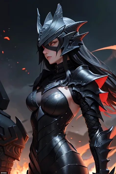 a slender female dragon knight in (((jet-black))) armor designed to resemble dragon scales, with a full helmet shaped like a dra...