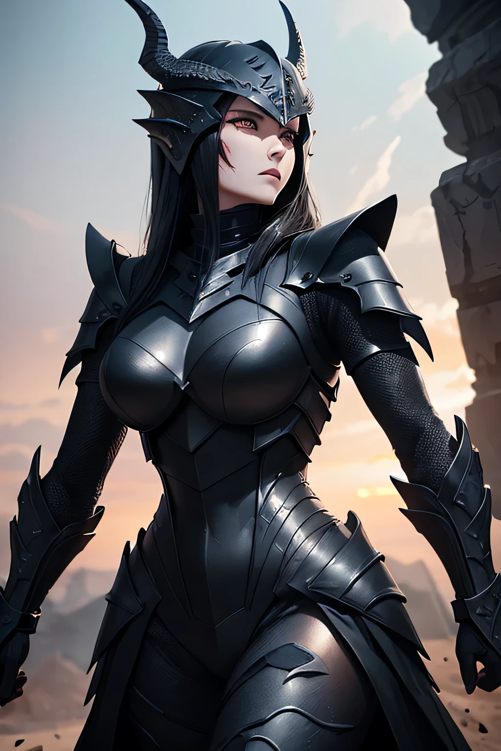 A slender female dragon knight in (((jet-black))) armor designed to resemble dragon scales, with a full helmet shaped like a dragon's face, scarred from battle, stained with blood and mud, gripping a lance, sweat glistening on her skin."