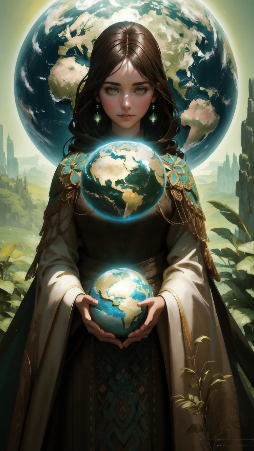 
arafed beautiful girl holding a globe in his hands in a brown environment, inspired by Igor Morski, mother earth, full figured mother earth, environmental artwork, green world, woman made of plants, award winning cgi, environmental art, sylvain sarrailh and igor morski, by Igor Morski, vincent callebaut composition, environmental key art, photo manipulation