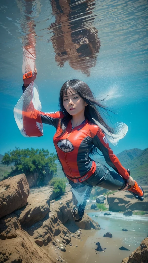 best quality, detailed, beautiful, insanely detailed, absurdres,perfect anatomy, Japanese woman,black hair,2, (slender), (small breasts), full body shot, (Big jump scene with an off-road motorcycle:1.3), (View from below:1.3)