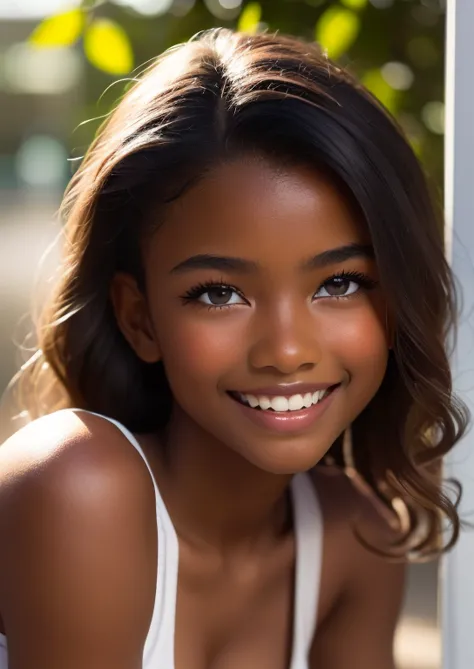 (portrait, editorial photograph) (beautiful black girl), adorable face, long brown curly hair, hazel eyes, by lee jeffries, niko...