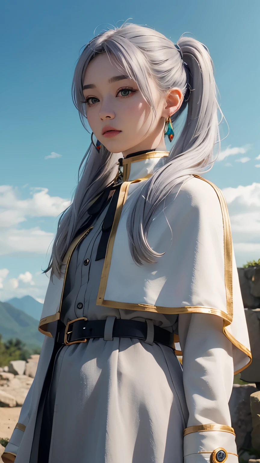 (Highest quality、Masterpiece)、Detailed landscape、(((Gray Hair)))、Beautiful detailed green eye、Detailed five fingers、quietな湖(Reflecting the vivid evening sky)、Color nuances、quiet、Freezing、1 person、Long Hair、Pointed Ears、Twin tails、Earrings、Capelet、白いCapelet、Long sleeve、Parted bangs、dress、belt、flower、Small breasts、Wide hips、See the scenery、Hide your hands、Close-up、