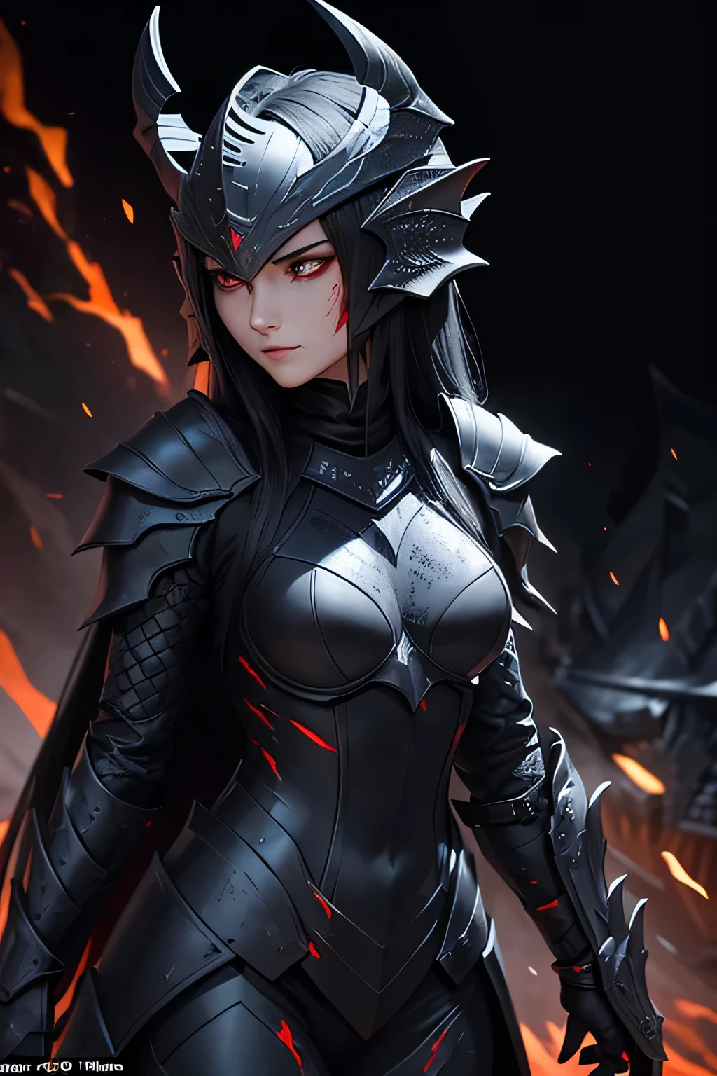 A slender female dragon knight in (((jet-black))) armor designed to resemble dragon scales, with a full helmet shaped like a dragon's face, scarred from battle, stained with blood and mud, gripping a lance, sweat glistening on her skin."