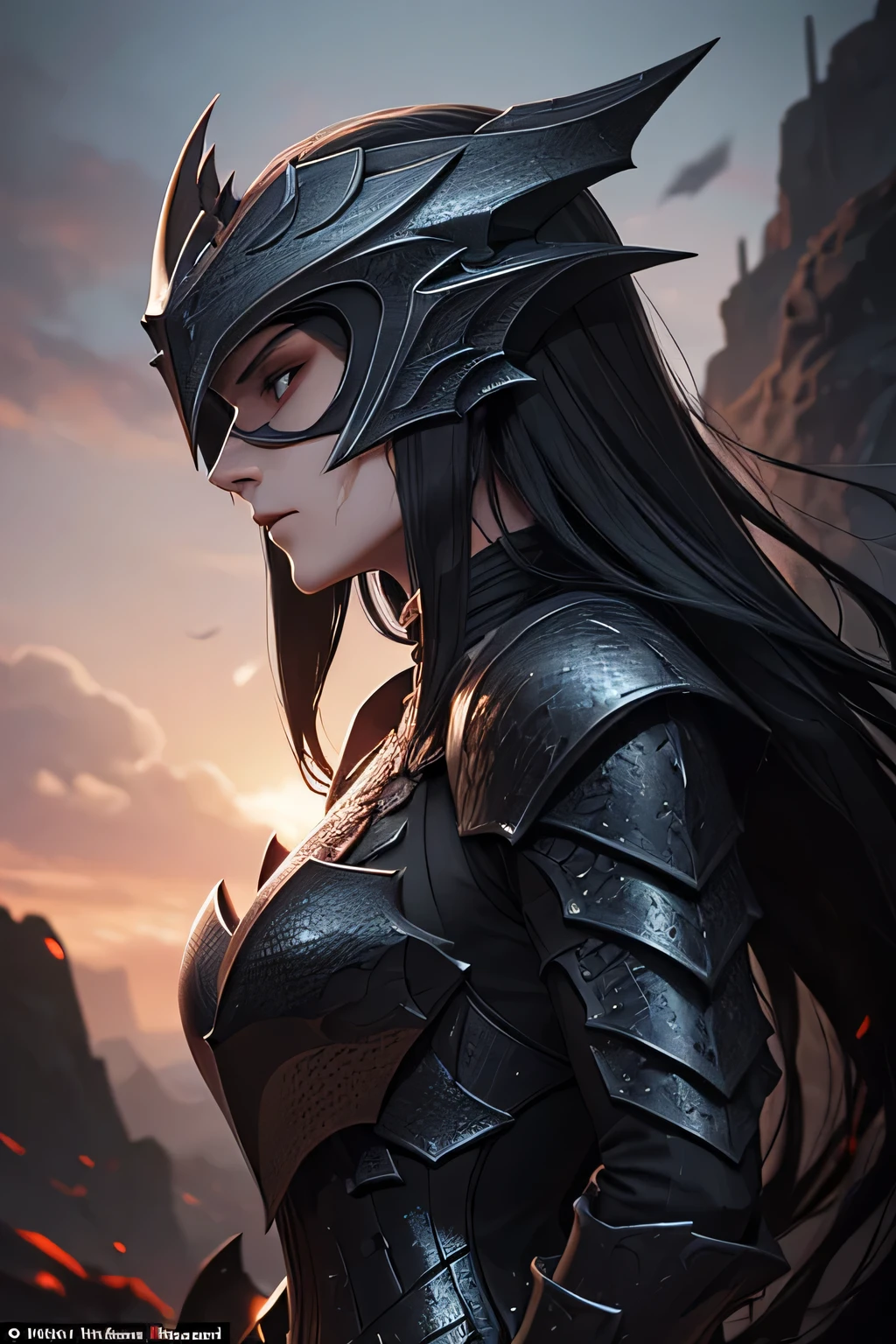 A slender female dragon knight in (((jet-black))) armor designed to resemble dragon scales, with a full helmet shaped like a dragon's face, scarred from battle, stained with blood and mud, gripping a lance, sweat glistening on her skin."