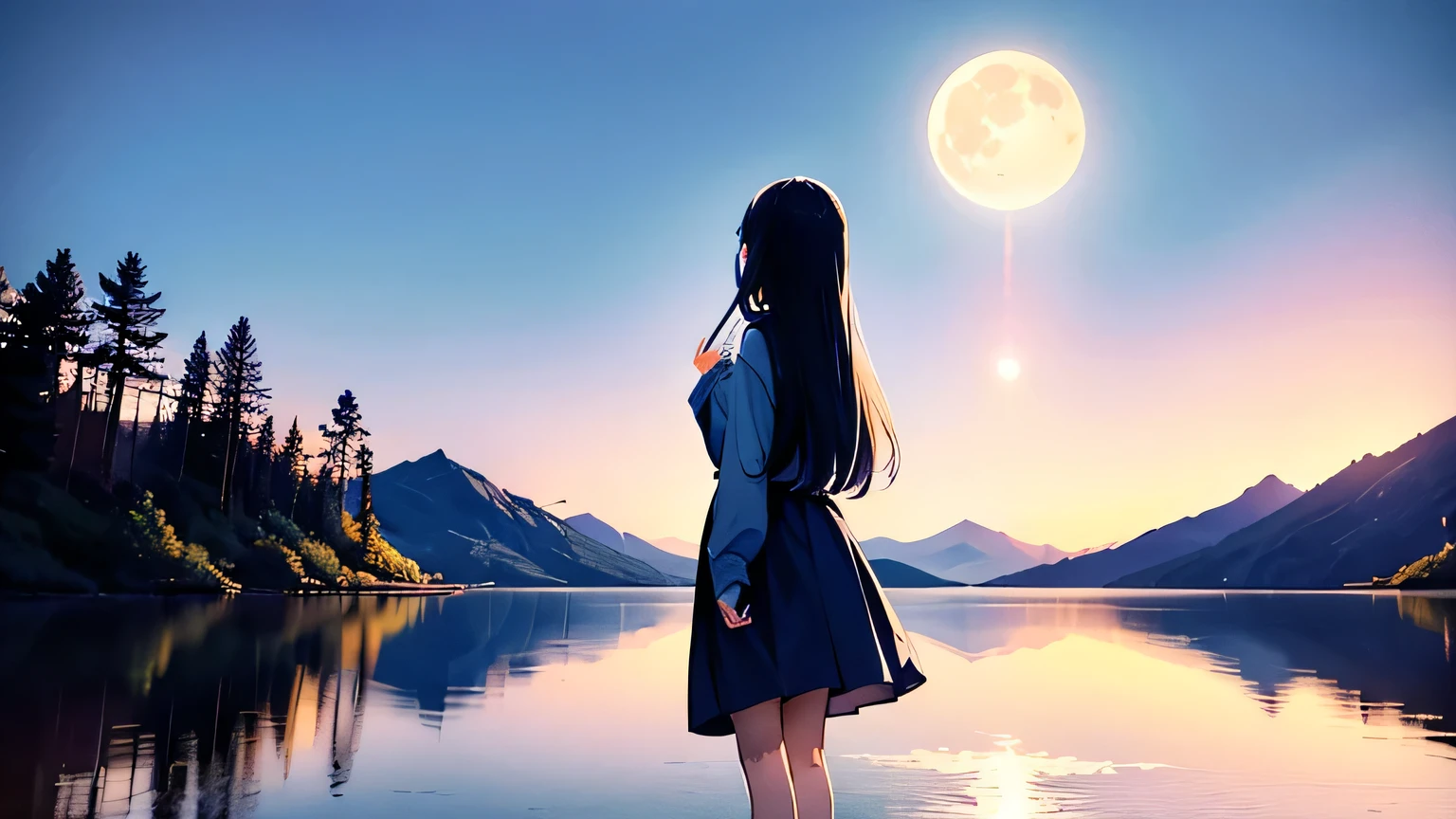 masterpiece, best quality，8K, Ultra-high resolution，A bright moon hangs in the deep blue sky，Girl standing in the middle of the lake，Her long hair seems to be swaying in the wind，The breeze caresses her cheeks，Bring a chill。She raised her head gently, looking at the moon in the distance, It seems as if the past has been forgotten, The lake quietly reflects the sky。calm around, Only a few campfire bugs are flying around, The girl is confused and curious, Enjoy this peaceful night