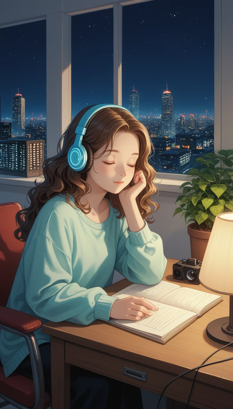 A young woman is sitting comfortably in a modern, cozy room with a cityscape visible through a large window at night. The main object of focus is the woman, who appears to be in her late teens or early twenties. She has long, wavy brown hair and is wearing a pair of large over-ear headphones. Her eyes are closed, and she has a serene, relaxed expression on her face as she listens to music. The woman is seated in a plush armchair, which is positioned to the right of a wooden desk. On the desk, there is a modern desktop computer, a ceramic coffee mug, and a small potted plant. A desk lamp with a warm, yellow glow is placed on the left side of the desk, casting a soft light over the scene. The light from the lamp is the primary light source, illuminating the woman and creating gentle shadows around her. In the background, the large window offers a stunning view of the city at night, with numerous skyscrapers and their illuminated windows creating a vibrant, urban atmosphere. The room itself is painted in neutral tones, with the walls adorned with minimalistic decor. The overall color scheme of the image features warm tones from the lamp and the cooler tones of the night cityscape, creating a balanced and visually appealing contrast. The perspective of the image is from a slight angle, allowing for a clear view of the woman, the desk, and the background cityscape. The size of the image is rectangular, with a wide aspect ratio that captures the breadth of the scene. The theme of the image is calm and relaxation, with an emphasis on the soothing environment and the woman's peaceful state.