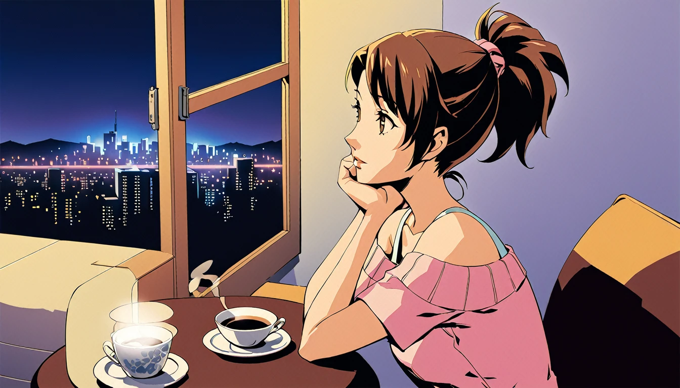 An anime-style illustration captures a serene moment of coffee time. The scene features a young woman relaxing by the window. A single white coffee cup is placed on the table, with steam rising from the hot coffee, indicating its warmth. The woman is drawn in the characteristic style of manga artist Hisashi Eguchi, with her long hair tied back in a ponytail and wearing a relaxed, off-shoulder top. The background shows a window overlooking a nighttime cityscape, where the vibrant city lights create a dynamic yet calming atmosphere. The focus is on the coffee cup, highlighting its simplicity and the comforting ambiance it brings. The overall mood of the illustration reflects a quiet and relaxing coffee break, enjoying the view of the city at night.

