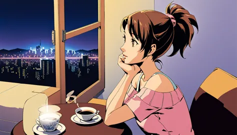 an anime-style illustration captures a serene moment of coffee time. the scene features a young woman relaxing by the window. a ...