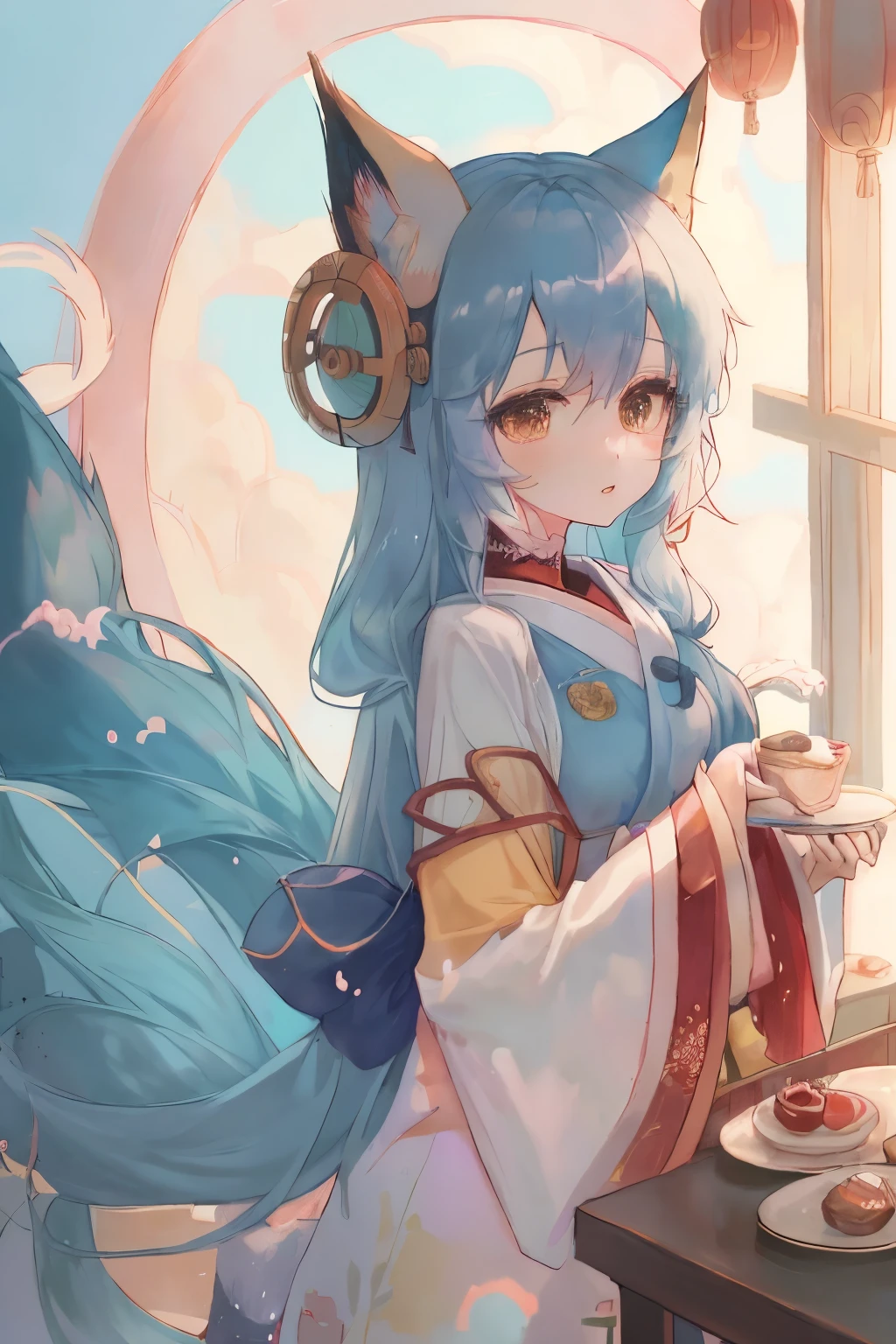 pastel \(medium\),1girl, kitsune, long blue hair, fox girl, fox ears, kimono, long kimono, pastry chef, Japanese, retro, looking at viewer, fox, torii gate