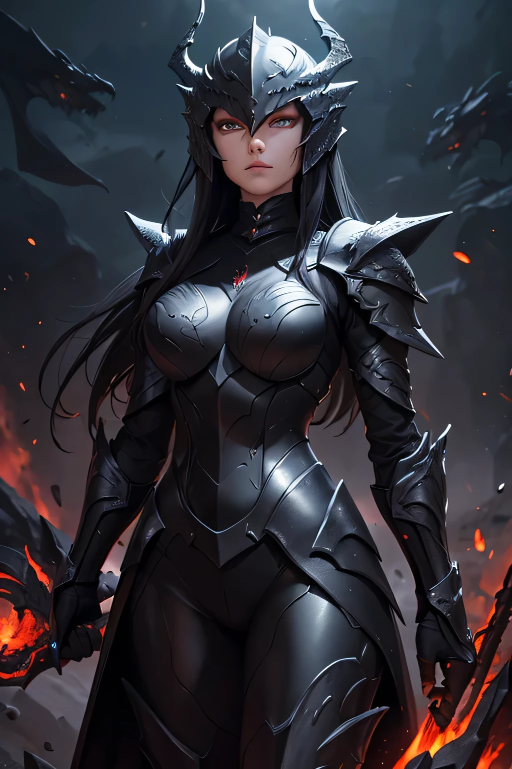 A slender female dragon knight in (((jet-black))) armor designed to resemble dragon scales, with a full helmet shaped like a dragon's face, scarred from battle, stained with blood and mud, gripping a lance, sweat glistening on her skin."