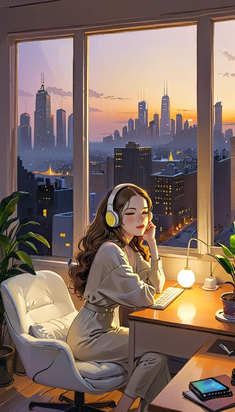 A young woman is sitting comfortably in a modern, cozy room with a cityscape visible through a large window at night. The main object of focus is the woman, who appears to be in her late teens or early twenties. She has long, wavy brown hair and is wearing a pair of large over-ear headphones. Her eyes are closed, and she has a serene, relaxed expression on her face as she listens to music. The woman is seated in a plush armchair, which is positioned to the right of a wooden desk. On the desk, there is a modern desktop computer, a ceramic coffee mug, and a small potted plant. A desk lamp with a warm, yellow glow is placed on the left side of the desk, casting a soft light over the scene. The light from the lamp is the primary light source, illuminating the woman and creating gentle shadows around her. In the background, the large window offers a stunning view of the city at night, with numerous skyscrapers and their illuminated windows creating a vibrant, urban atmosphere. The room itself is painted in neutral tones, with the walls adorned with minimalistic decor. The overall color scheme of the image features warm tones from the lamp and the cooler tones of the night cityscape, creating a balanced and visually appealing contrast. The perspective of the image is from a slight angle, allowing for a clear view of the woman, the desk, and the background cityscape. The size of the image is rectangular, with a wide aspect ratio that captures the breadth of the scene. The theme of the image is calm and relaxation, with an emphasis on the soothing environment and the woman's peaceful state.