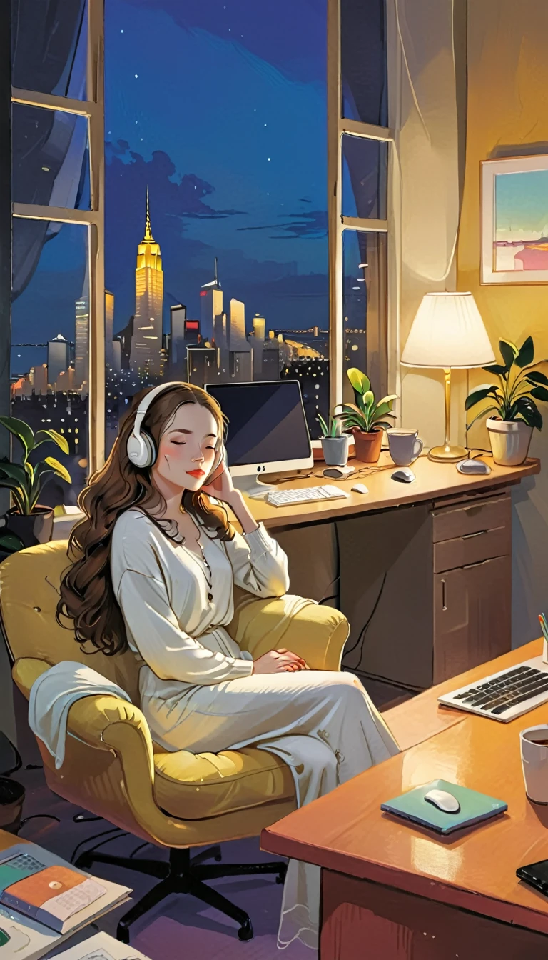 A young woman is sitting comfortably in a modern, cozy room with a cityscape visible through a large window at night. The main object of focus is the woman, who appears to be in her late teens or early twenties. She has long, wavy brown hair and is wearing a pair of large over-ear headphones. Her eyes are closed, and she has a serene, relaxed expression on her face as she listens to music. The woman is seated in a plush armchair, which is positioned to the right of a wooden desk. On the desk, there is a modern desktop computer, a ceramic coffee mug, and a small potted plant. A desk lamp with a warm, yellow glow is placed on the left side of the desk, casting a soft light over the scene. The light from the lamp is the primary light source, illuminating the woman and creating gentle shadows around her. In the background, the large window offers a stunning view of the city at night, with numerous skyscrapers and their illuminated windows creating a vibrant, urban atmosphere. The room itself is painted in neutral tones, with the walls adorned with minimalistic decor. The overall color scheme of the image features warm tones from the lamp and the cooler tones of the night cityscape, creating a balanced and visually appealing contrast. The perspective of the image is from a slight angle, allowing for a clear view of the woman, the desk, and the background cityscape. The size of the image is rectangular, with a wide aspect ratio that captures the breadth of the scene. The theme of the image is calm and relaxation, with an emphasis on the soothing environment and the woman's peaceful state.