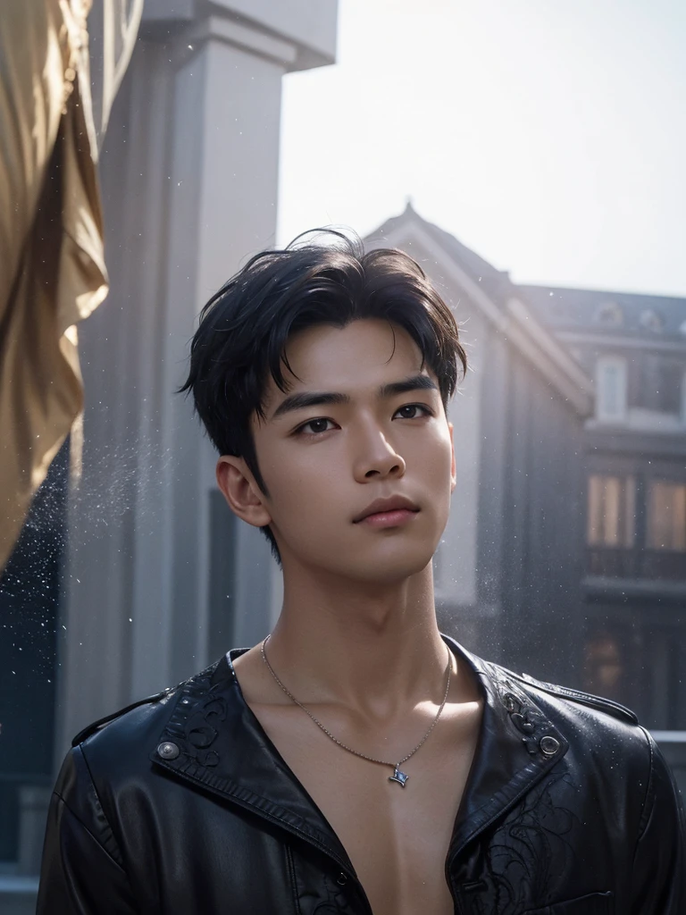 (photorealistic, masterpiece, 8K HD, good lighting quality, portrait, closing up on face, intricate details), a handsome young vietnamese man, 2, sharp gaze, detailed face, detailed eyes, looking at the sky, wearing short-sleeved jacket over shirt, necklace, dark brown eyes, (tanned skin), slim build, black hair, smooth hair, hair bangs, short hair, outdoors, dawn, stars, constellation, cosmical, dreamy world, surrealism, ethereal