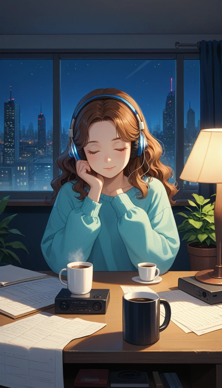 A young woman is sitting comfortably in a modern, cozy room with a cityscape visible through a large window at night. The main object of focus is the woman, who appears to be in her late teens or early twenties. She has long, wavy brown hair and is wearing a pair of large over-ear headphones. Her eyes are closed, and she has a serene, relaxed expression on her face as she listens to music. The woman is seated in a plush armchair, which is positioned to the right of a wooden desk. On the desk, there is a modern desktop computer, a ceramic coffee mug, and a small potted plant. A desk lamp with a warm, yellow glow is placed on the left side of the desk, casting a soft light over the scene. The light from the lamp is the primary light source, illuminating the woman and creating gentle shadows around her. In the background, the large window offers a stunning view of the city at night, with numerous skyscrapers and their illuminated windows creating a vibrant, urban atmosphere. The room itself is painted in neutral tones, with the walls adorned with minimalistic decor. The overall color scheme of the image features warm tones from the lamp and the cooler tones of the night cityscape, creating a balanced and visually appealing contrast. The perspective of the image is from a slight angle, allowing for a clear view of the woman, the desk, and the background cityscape. The size of the image is rectangular, with a wide aspect ratio that captures the breadth of the scene. The theme of the image is calm and relaxation, with an emphasis on the soothing environment and the woman's peaceful state.