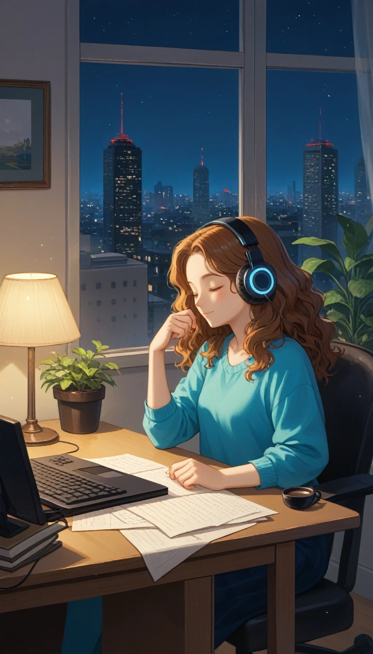 A young woman is sitting comfortably in a modern, cozy room with a cityscape visible through a large window at night. The main object of focus is the woman, who appears to be in her late teens or early twenties. She has long, wavy brown hair and is wearing a pair of large over-ear headphones. Her eyes are closed, and she has a serene, relaxed expression on her face as she listens to music. The woman is seated in a plush armchair, which is positioned to the right of a wooden desk. On the desk, there is a modern desktop computer, a ceramic coffee mug, and a small potted plant. A desk lamp with a warm, yellow glow is placed on the left side of the desk, casting a soft light over the scene. The light from the lamp is the primary light source, illuminating the woman and creating gentle shadows around her. In the background, the large window offers a stunning view of the city at night, with numerous skyscrapers and their illuminated windows creating a vibrant, urban atmosphere. The room itself is painted in neutral tones, with the walls adorned with minimalistic decor. The overall color scheme of the image features warm tones from the lamp and the cooler tones of the night cityscape, creating a balanced and visually appealing contrast. The perspective of the image is from a slight angle, allowing for a clear view of the woman, the desk, and the background cityscape. The size of the image is rectangular, with a wide aspect ratio that captures the breadth of the scene. The theme of the image is calm and relaxation, with an emphasis on the soothing environment and the woman's peaceful state.