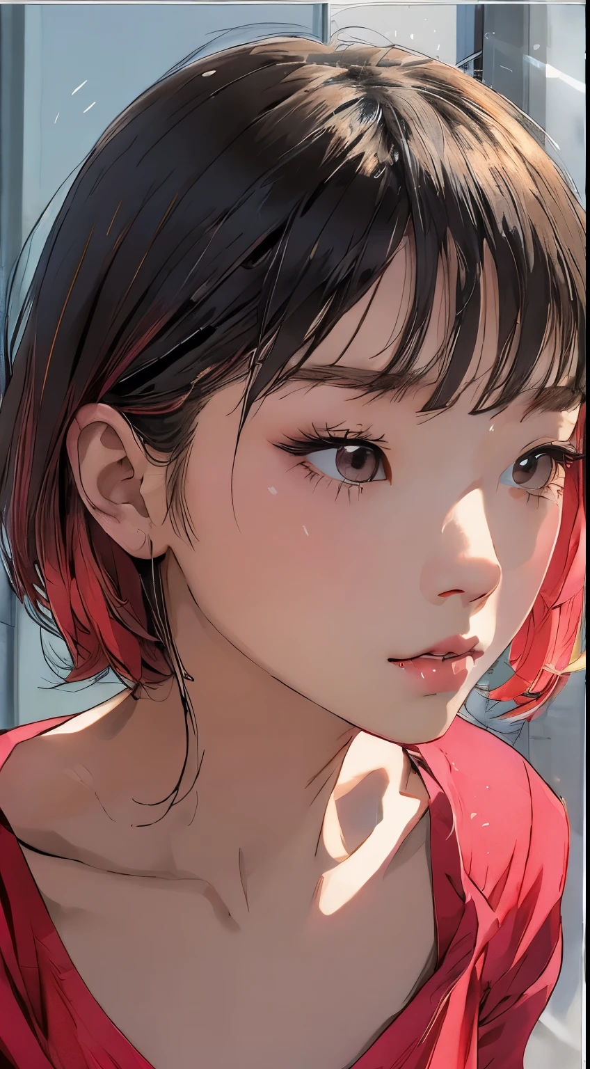 Beautiful and attractive Asian woman、Half-body photo、Delicate and sexy collarbone、Attractive oval face、double eyelid、bright peach-colored eyes、Pink Lips、Small Nose、Pouting、Concentrated face、Face close-up、Black Hair、Bobcut、Ultra-high resolution、Super detailed、Extreme close-up、Red Shirt