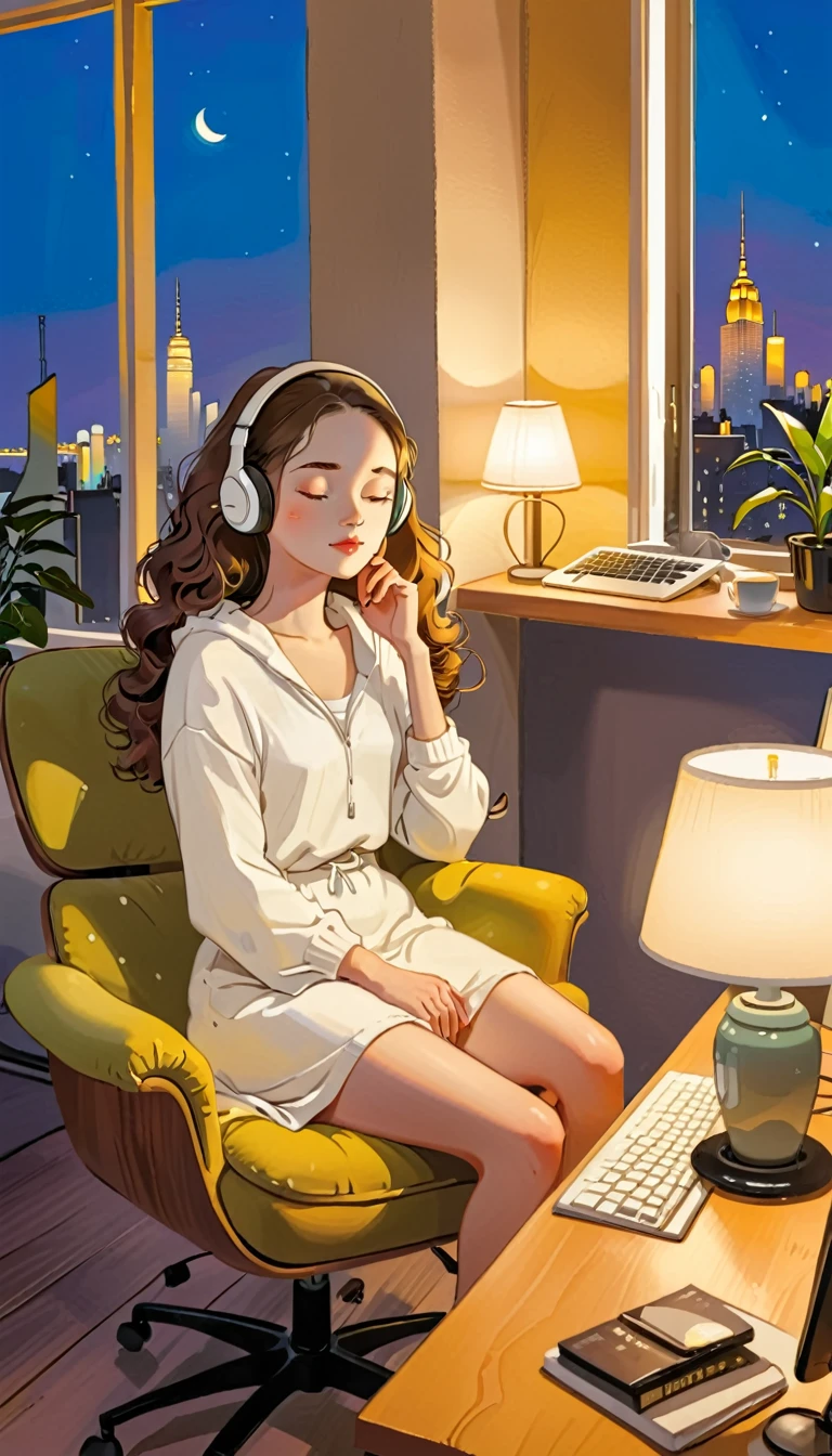 A young woman is sitting comfortably in a modern, cozy room with a cityscape visible through a large window at night. The main object of focus is the woman, who appears to be in her late teens or early twenties. She has long, wavy brown hair and is wearing a pair of large over-ear headphones. Her eyes are closed, and she has a serene, relaxed expression on her face as she listens to music. The woman is seated in a plush armchair, which is positioned to the right of a wooden desk. On the desk, there is a modern desktop computer, a ceramic coffee mug, and a small potted plant. A desk lamp with a warm, yellow glow is placed on the left side of the desk, casting a soft light over the scene. The light from the lamp is the primary light source, illuminating the woman and creating gentle shadows around her. In the background, the large window offers a stunning view of the city at night, with numerous skyscrapers and their illuminated windows creating a vibrant, urban atmosphere. The room itself is painted in neutral tones, with the walls adorned with minimalistic decor. The overall color scheme of the image features warm tones from the lamp and the cooler tones of the night cityscape, creating a balanced and visually appealing contrast. The perspective of the image is from a slight angle, allowing for a clear view of the woman, the desk, and the background cityscape. The size of the image is rectangular, with a wide aspect ratio that captures the breadth of the scene. The theme of the image is calm and relaxation, with an emphasis on the soothing environment and the woman's peaceful state.