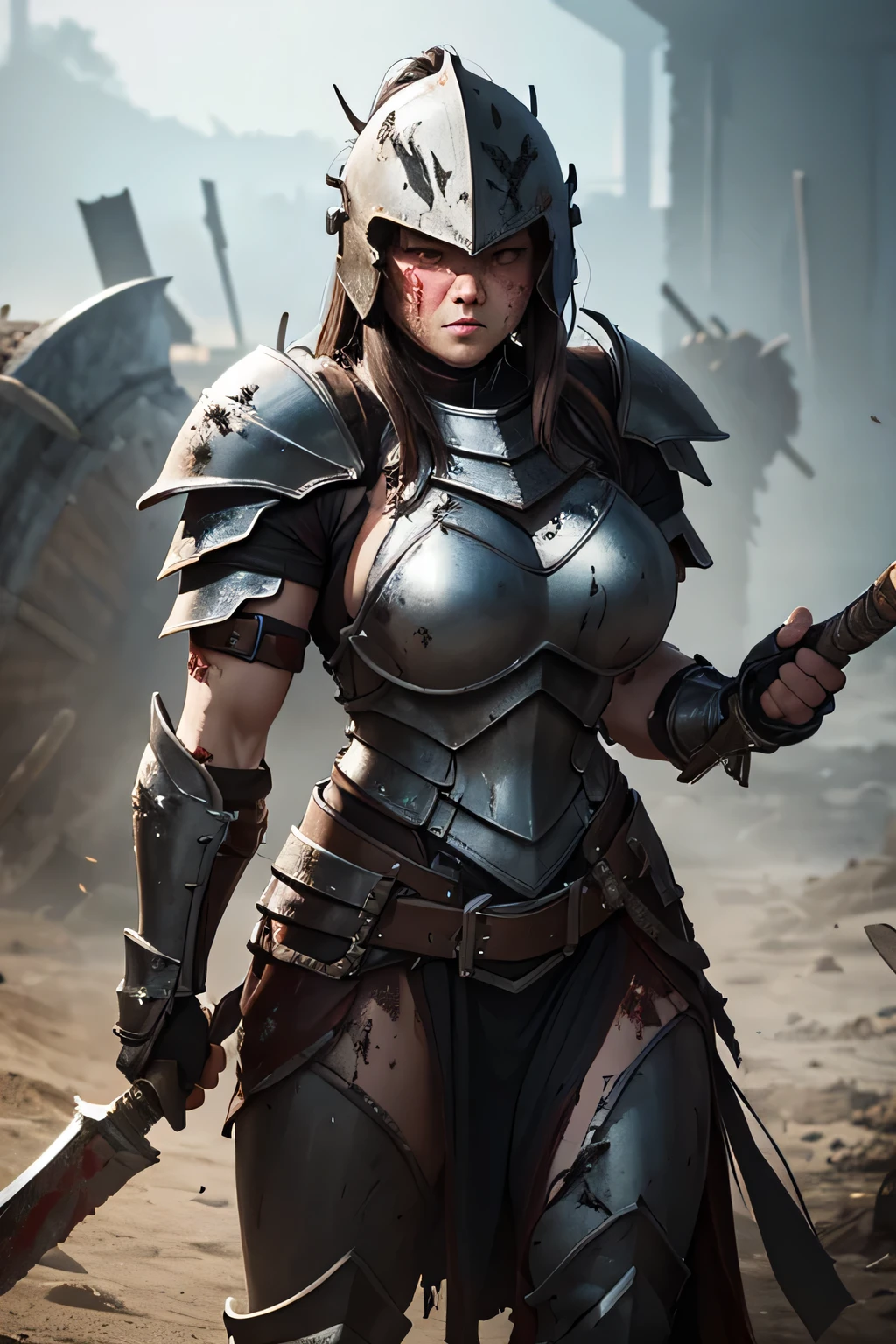 A muscular female heavy-armored warrior in scratched and blood-splattered plate armor, full helmet covered in dirt, wielding a massive axe, sweat dripping, intense gaze