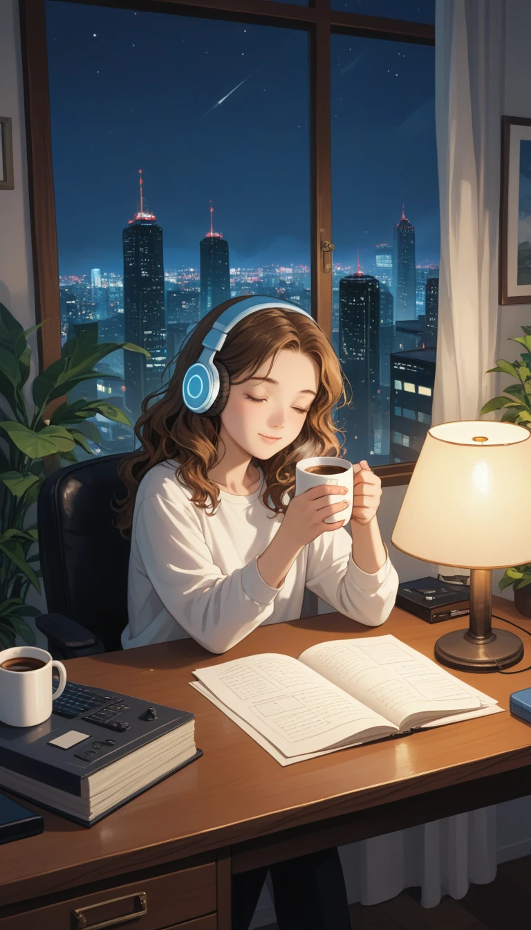 A young woman is sitting comfortably in a modern, cozy room with a cityscape visible through a large window at night. The main object of focus is the woman, who appears to be in her late teens or early twenties. She has long, wavy brown hair and is wearing a pair of large over-ear headphones. Her eyes are closed, and she has a serene, relaxed expression on her face as she listens to music. The woman is seated in a plush armchair, which is positioned to the right of a wooden desk. On the desk, there is a modern desktop computer, a ceramic coffee mug, and a small potted plant. A desk lamp with a warm, yellow glow is placed on the left side of the desk, casting a soft light over the scene. The light from the lamp is the primary light source, illuminating the woman and creating gentle shadows around her. In the background, the large window offers a stunning view of the city at night, with numerous skyscrapers and their illuminated windows creating a vibrant, urban atmosphere. The room itself is painted in neutral tones, with the walls adorned with minimalistic decor. The overall color scheme of the image features warm tones from the lamp and the cooler tones of the night cityscape, creating a balanced and visually appealing contrast. The perspective of the image is from a slight angle, allowing for a clear view of the woman, the desk, and the background cityscape. The size of the image is rectangular, with a wide aspect ratio that captures the breadth of the scene. The theme of the image is calm and relaxation, with an emphasis on the soothing environment and the woman's peaceful state.