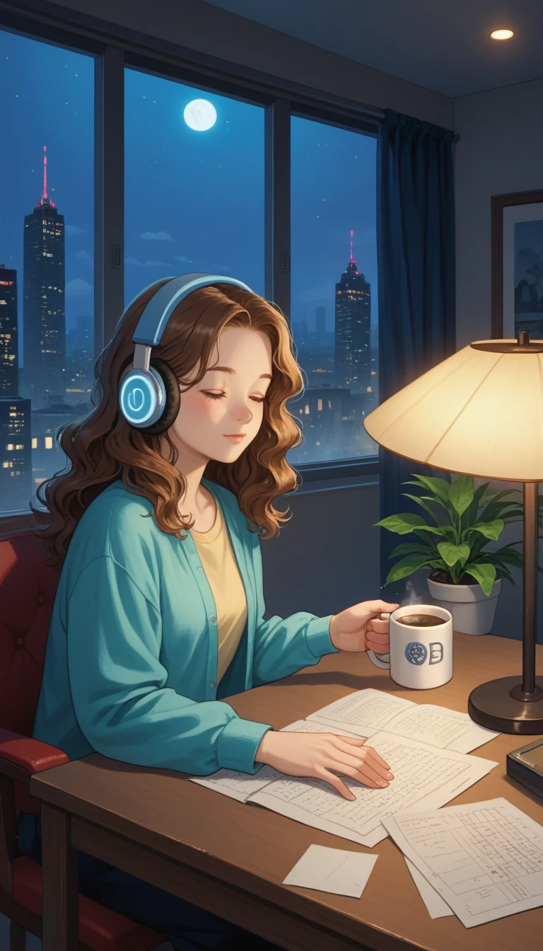 A young woman is sitting comfortably in a modern, cozy room with a cityscape visible through a large window at night. The main object of focus is the woman, who appears to be in her late teens or early twenties. She has long, wavy brown hair and is wearing a pair of large over-ear headphones. Her eyes are closed, and she has a serene, relaxed expression on her face as she listens to music. The woman is seated in a plush armchair, which is positioned to the right of a wooden desk. On the desk, there is a modern desktop computer, a ceramic coffee mug, and a small potted plant. A desk lamp with a warm, yellow glow is placed on the left side of the desk, casting a soft light over the scene. The light from the lamp is the primary light source, illuminating the woman and creating gentle shadows around her. In the background, the large window offers a stunning view of the city at night, with numerous skyscrapers and their illuminated windows creating a vibrant, urban atmosphere. The room itself is painted in neutral tones, with the walls adorned with minimalistic decor. The overall color scheme of the image features warm tones from the lamp and the cooler tones of the night cityscape, creating a balanced and visually appealing contrast. The perspective of the image is from a slight angle, allowing for a clear view of the woman, the desk, and the background cityscape. The size of the image is rectangular, with a wide aspect ratio that captures the breadth of the scene. The theme of the image is calm and relaxation, with an emphasis on the soothing environment and the woman's peaceful state.