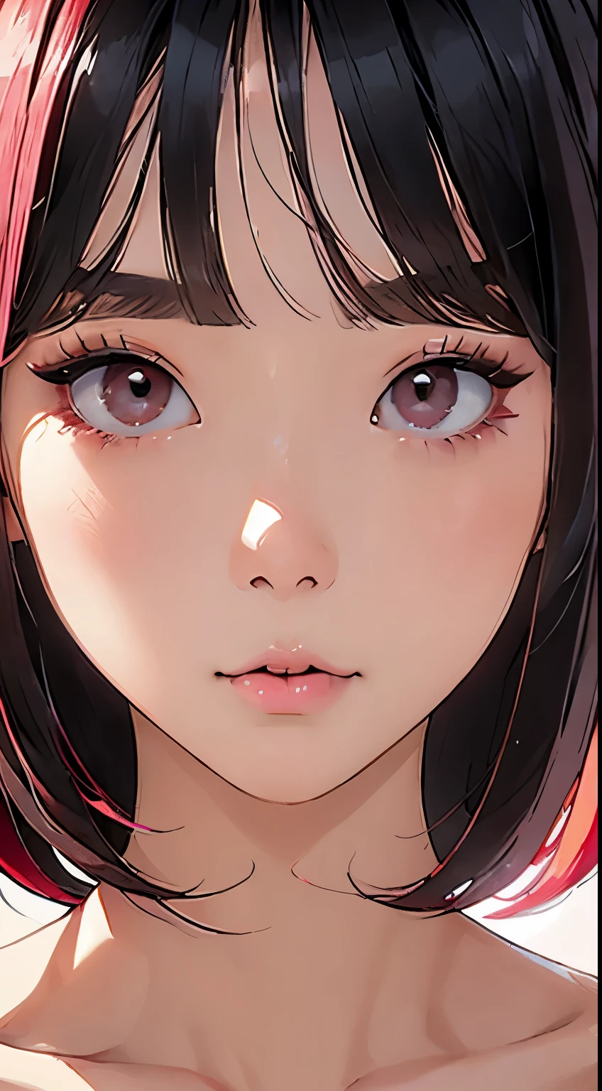 Beautiful and attractive Asian woman、Half-body photo、Delicate and sexy collarbone、Attractive oval face、double eyelid、bright peach-colored eyes、Pink Lips、Small Nose、Concentrated face、Face close-up、Black Hair、Bobcut、Ultra-high resolution、Super detailed、Extreme close-up、Red Shirt、nervous