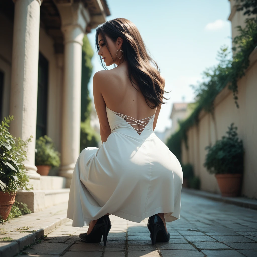  woman squatting on her knees in a long dress, rear view angle completely