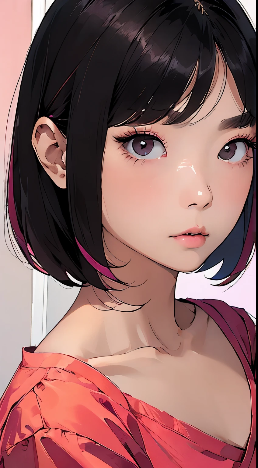 Beautiful and attractive Asian woman、Half-body photo、Delicate and sexy collarbone、Attractive oval face、double eyelid、bright peach-colored eyes、Pink Lips、Small Nose、Concentrated face、Face close-up、Black Hair、Bobcut、Ultra-high resolution、Super detailed、Extreme close-up、Red Shirt、Serious