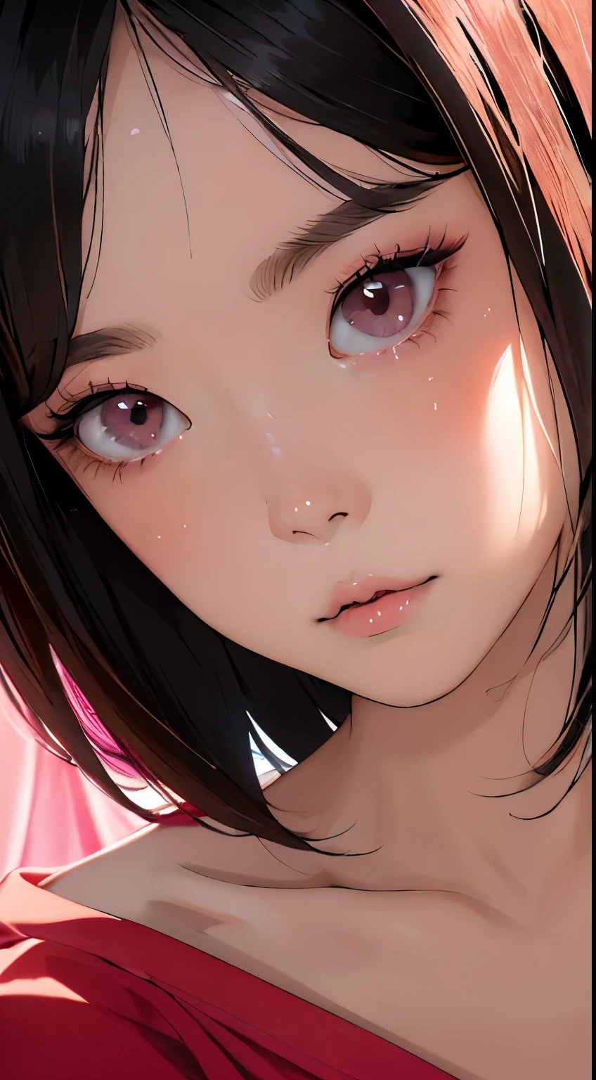 Beautiful and attractive Asian woman、Half-body photo、Delicate and sexy collarbone、Attractive oval face、double eyelid、bright peach-colored eyes、Pink Lips、Small Nose、Concentrated face、Face close-up、Black Hair、Bobcut、Ultra-high resolution、Super detailed、Extreme close-up、Red Shirt、expressionless