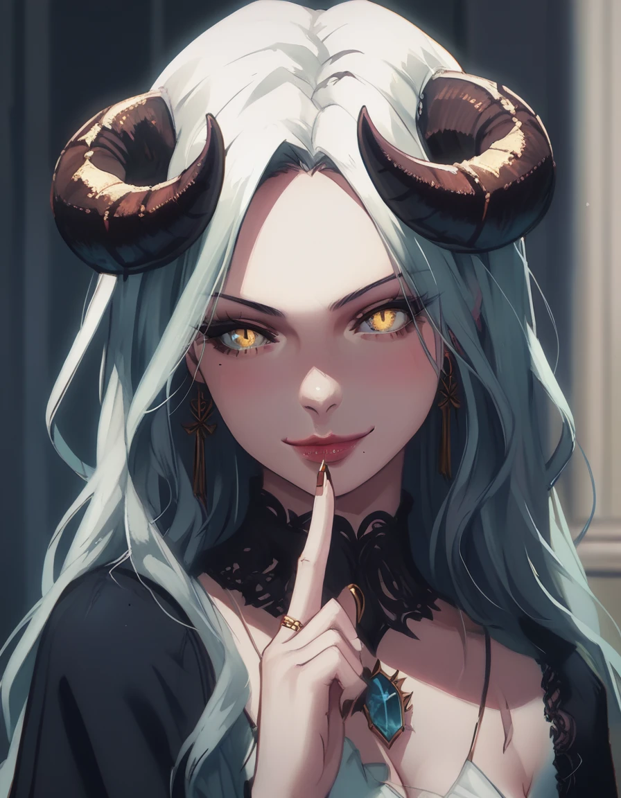 A demonic and seductive looking anime character, with black wings, long dark flowing hair, bright golden eyes, and curved horns like those of a ram. has pale skin, a mischievous smile and a playful and mysterious expression, holding a finger to his lips as if silencing someone. She wears a white dress with intricate detailing and gold accents, along with a blue gem on his chest. The scene is dramatically lit., with soft shadows that enhance her sharp features, as the background fades into darkness, adding an enigmatic and magical touch. The style is a mix of anime fantasy with intricate details, Capturing an intense portrait, close and dynamic