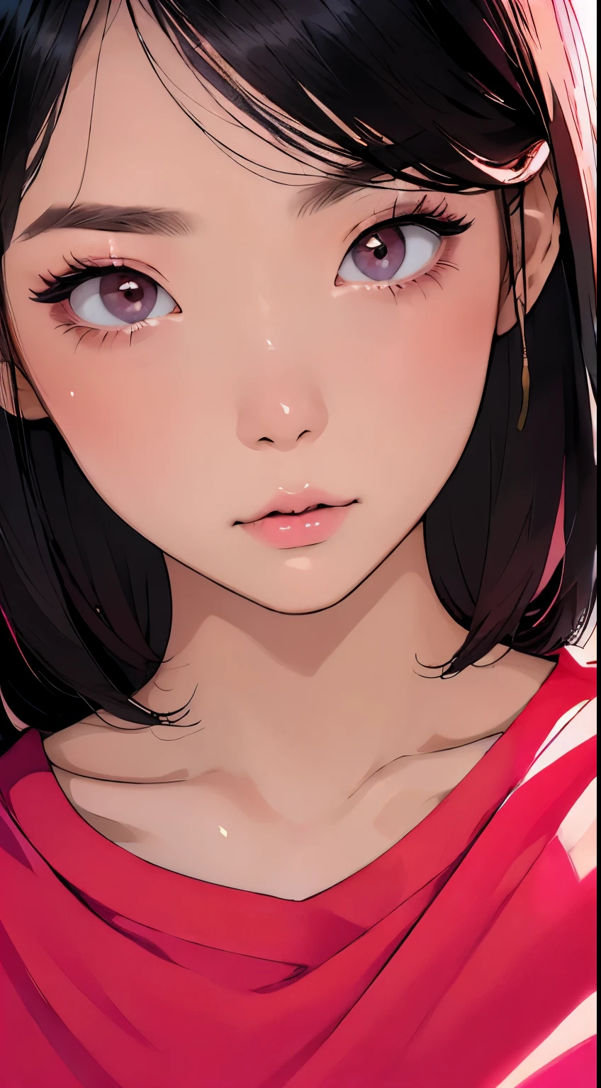 Beautiful and attractive Asian woman、Half-body photo、Delicate and sexy collarbone、Attractive oval face、double eyelid、bright peach-colored eyes、Pink Lips、Small Nose、Concentrated face、Face close-up、Black Hair、Bobcut、Ultra-high resolution、Super detailed、Extreme close-up、Red Shirt、sleepy