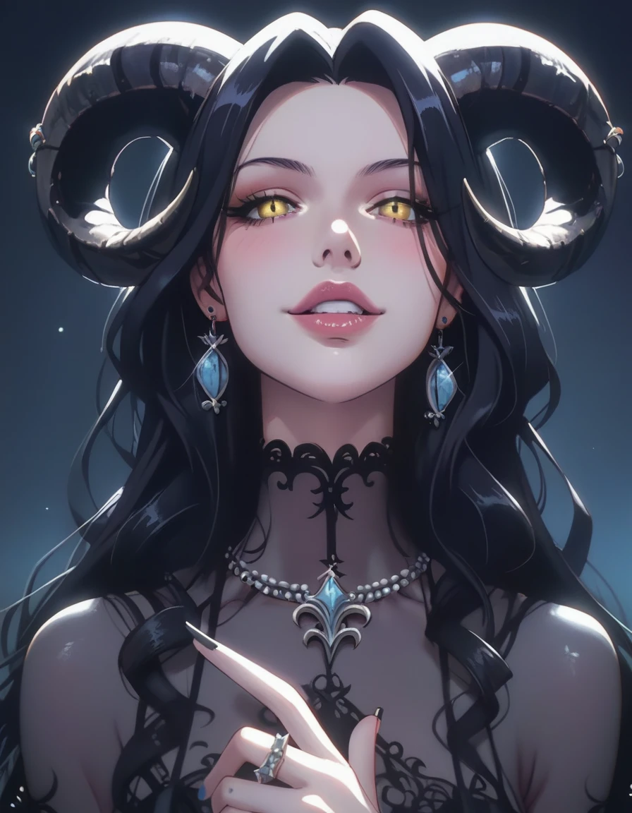 A demonic and seductive looking anime character, with black wings, long dark flowing hair, bright golden eyes, and curved horns like those of a ram. has pale skin, a mischievous smile and a playful and mysterious expression, holding a finger to his lips as if silencing someone. She wears a white dress with intricate detailing and gold accents, along with a blue gem on his chest. The scene is dramatically lit., with soft shadows that enhance her sharp features, as the background fades into darkness, adding an enigmatic and magical touch. The style is a mix of anime fantasy with intricate details, Capturing an intense portrait, close and dynamic