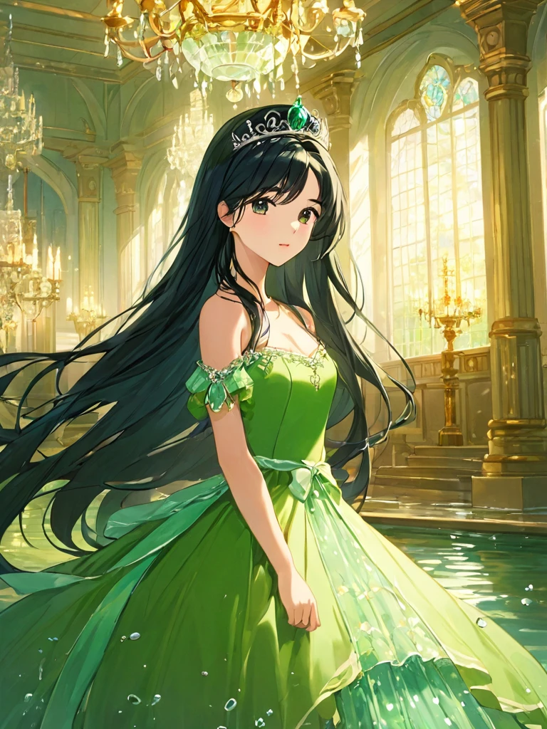 masterpiece,high quality,One Woman,Princess,西洋のPrincess,Black Hair,Long Hair,black eye,Green Dress,tiara,West Castle,Western-style interior,chandelier,A calm face,Watery eye,Shyness,Tranquility