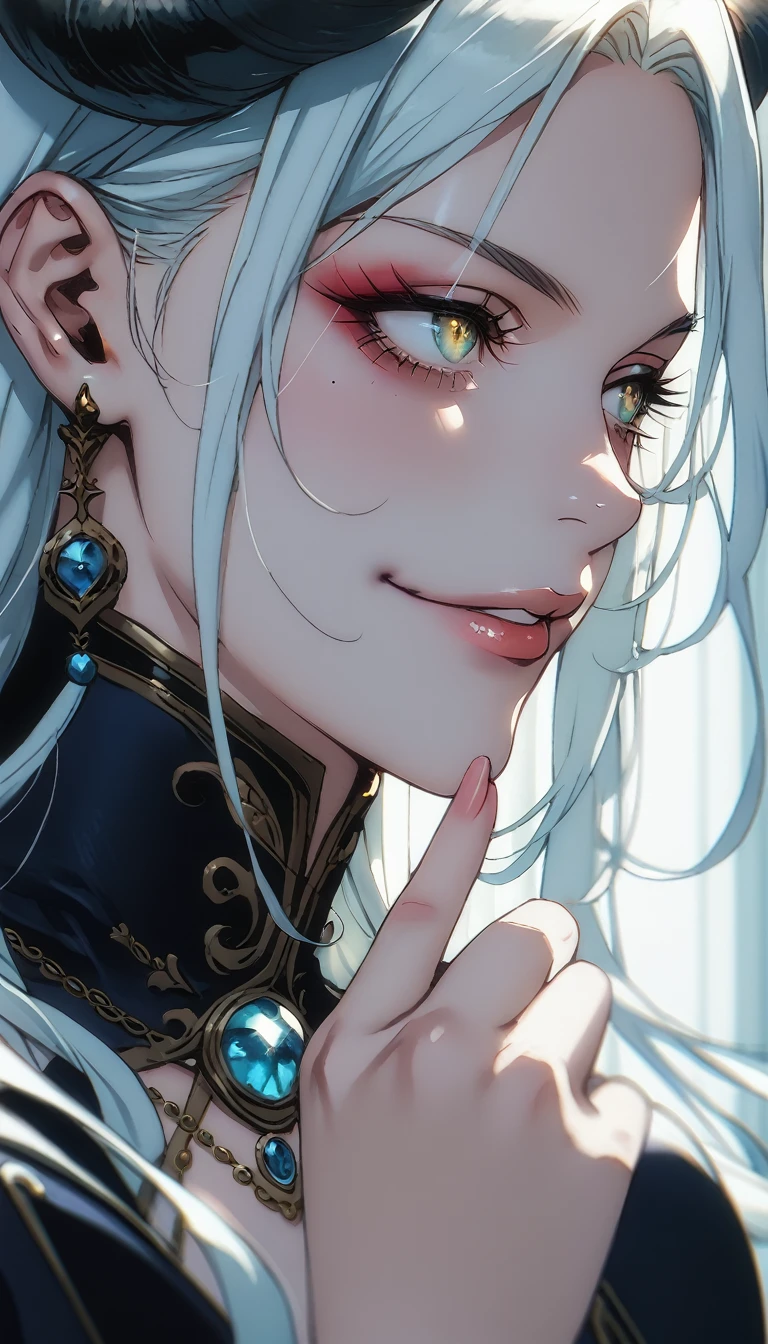 A demonic and seductive looking anime character, with black wings, long dark flowing hair, bright golden eyes, and curved horns like those of a ram. has pale skin, a mischievous smile and a playful and mysterious expression, holding a finger to his lips as if silencing someone. She wears a white dress with intricate detailing and gold accents, along with a blue gem on his chest. The scene is dramatically lit., with soft shadows that enhance her sharp features, as the background fades into darkness, adding an enigmatic and magical touch. The style is a mix of anime fantasy with intricate details, Capturing an intense portrait, close and dynamic