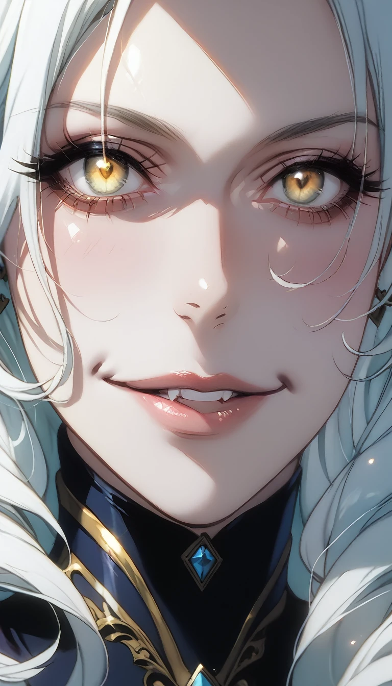 A demonic and seductive looking anime character, with black wings, long dark flowing hair, bright golden eyes, and curved horns like those of a ram. has pale skin, a mischievous smile and a playful and mysterious expression, holding a finger to his lips as if silencing someone. She wears a white dress with intricate detailing and gold accents, along with a blue gem on his chest. The scene is dramatically lit., with soft shadows that enhance her sharp features, as the background fades into darkness, adding an enigmatic and magical touch. The style is a mix of anime fantasy with intricate details, Capturing an intense portrait, close and dynamic