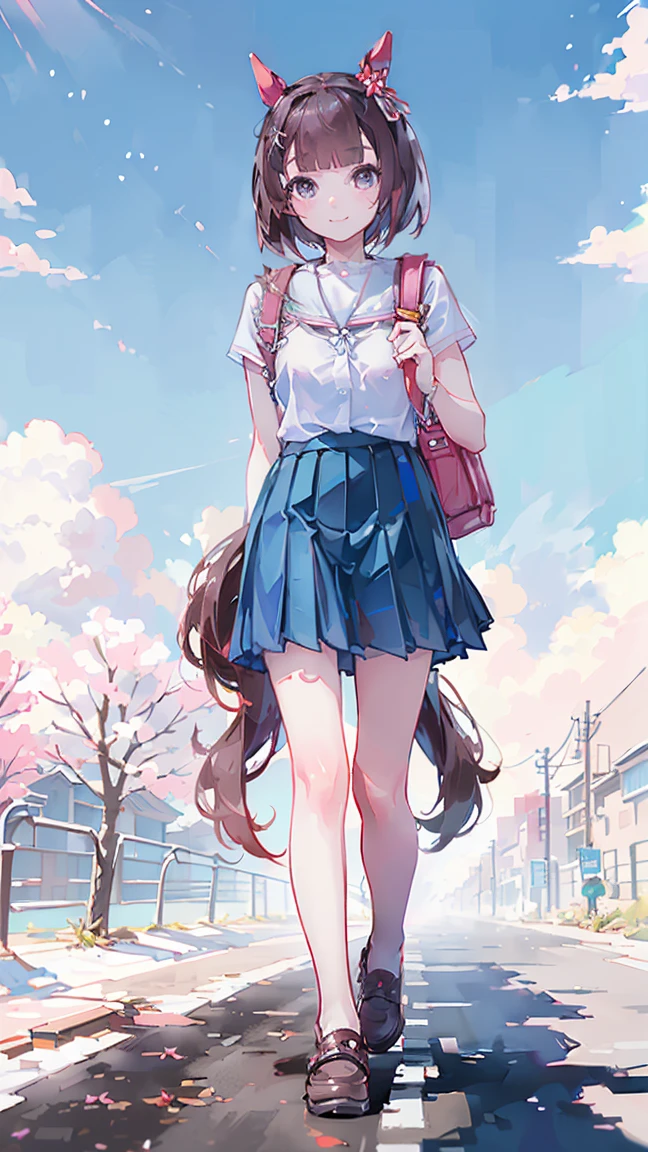 masterpiece, Highest quality, High resolution, Very detailed,(((Nishino Flower))), (((smile)))、(((Standing in the distance))), (((Carrying a school bag。))), (((Horse Girl))), (((Sidewalk))), (((field)))