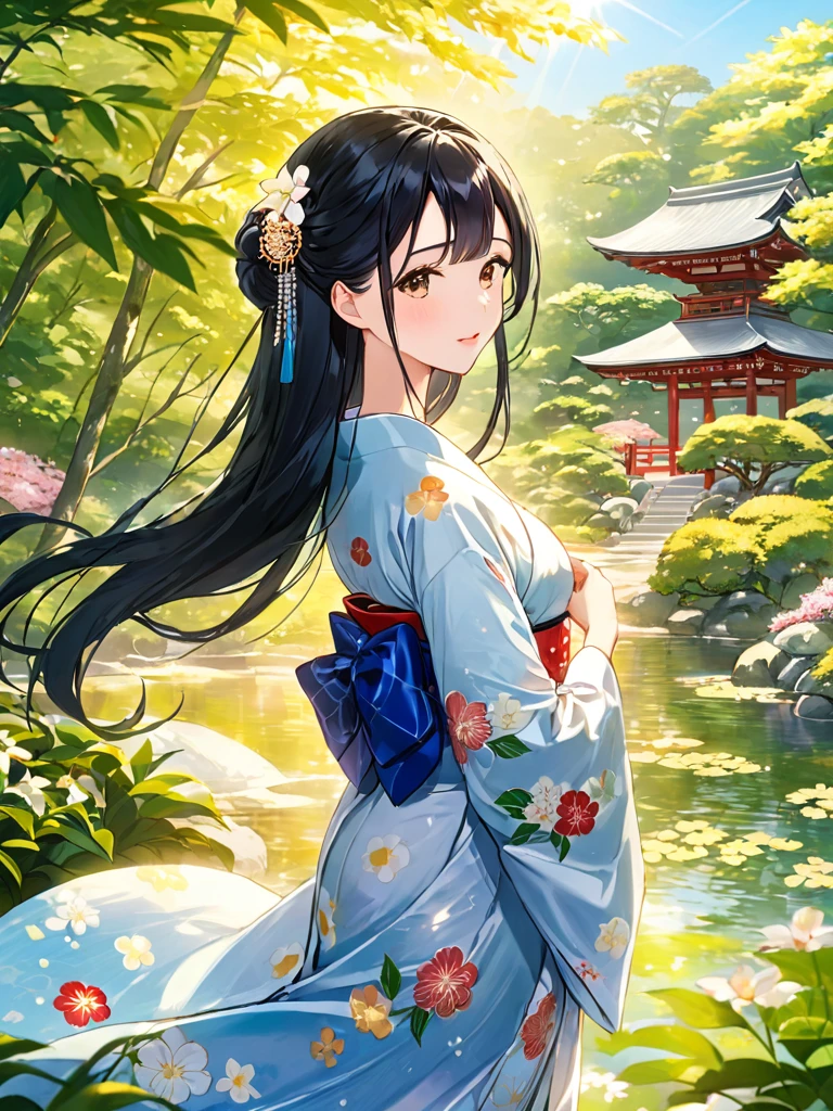 masterpiece, Highest quality, One woman,日本のPrincess,Princess,Long, beautiful black hair,Shiny Hair,Hime cut,kimono,花柄のkimono,水色のkimono,White skin,Japanese garden,summer,sunny