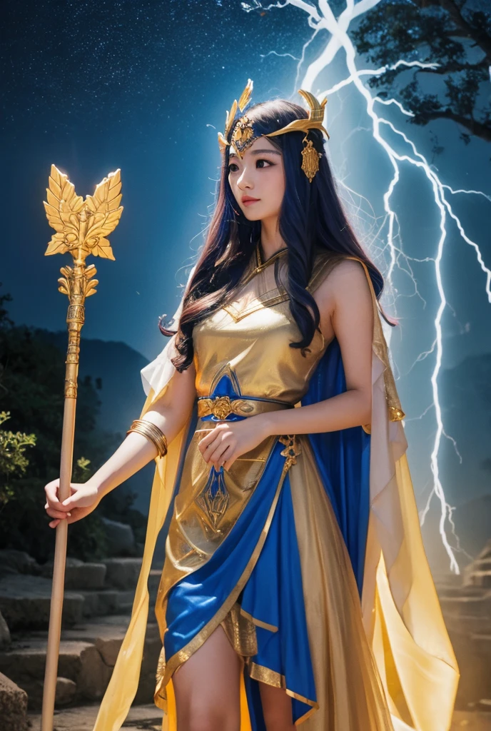 The goddess of thunder appeared with a clap of thunder、Ramu、Golden sheer dress、Holding a walking stick in his hand