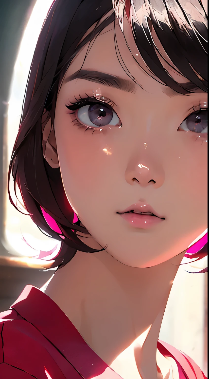 Beautiful and attractive Asian woman、Half-body photo、Delicate and sexy collarbone、Attractive oval face、double eyelid、bright peach-colored eyes、Pink Lips、Small Nose、cry、Face close-up、Black Hair、Bobcut、Ultra-high resolution、Super detailed、Extreme close-up、Red Shirt、cry