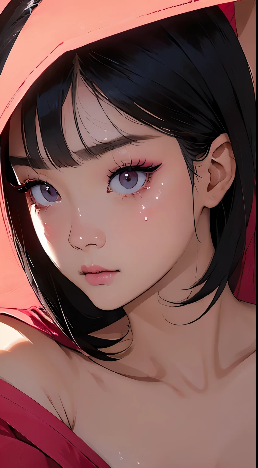 Beautiful and attractive Asian woman、Half-body photo、Delicate and sexy collarbone、Attractive oval face、double eyelid、bright peach-colored eyes、Pink Lips、Small Nose、cry、Face close-up、Black Hair、Bobcut、Ultra-high resolution、Super detailed、Extreme close-up、Red Shirt、cry