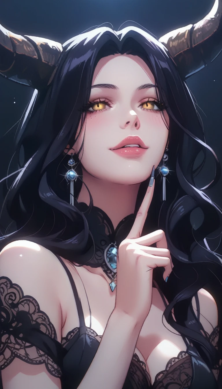 A demonic and seductive looking anime character, with black wings, long dark flowing hair, bright golden eyes, and curved horns like those of a ram. has pale skin, a mischievous smile and a playful and mysterious expression, holding a finger to his lips as if silencing someone. She wears a white dress with intricate detailing and gold accents, along with a blue gem on his chest. The scene is dramatically lit., with soft shadows that enhance her sharp features, as the background fades into darkness, adding an enigmatic and magical touch. The style is a mix of anime fantasy with intricate details, Capturing an intense portrait, close and dynamic