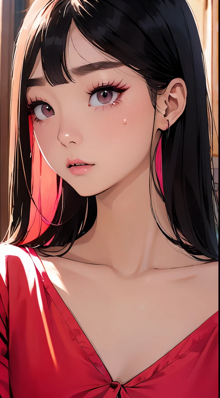 Beautiful and attractive Asian woman、Half-body photo、Delicate and sexy collarbone、Attractive oval face、double eyelid、bright peach-colored eyes、Pink Lips、Small Nose、Large Breasts、Face close-up、Black Hair、Hime cut、Ultra-high resolution、Super detailed、Extreme close-up、Red Shirt、cry